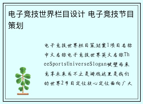 电子竞技世界栏目设计 电子竞技节目策划
